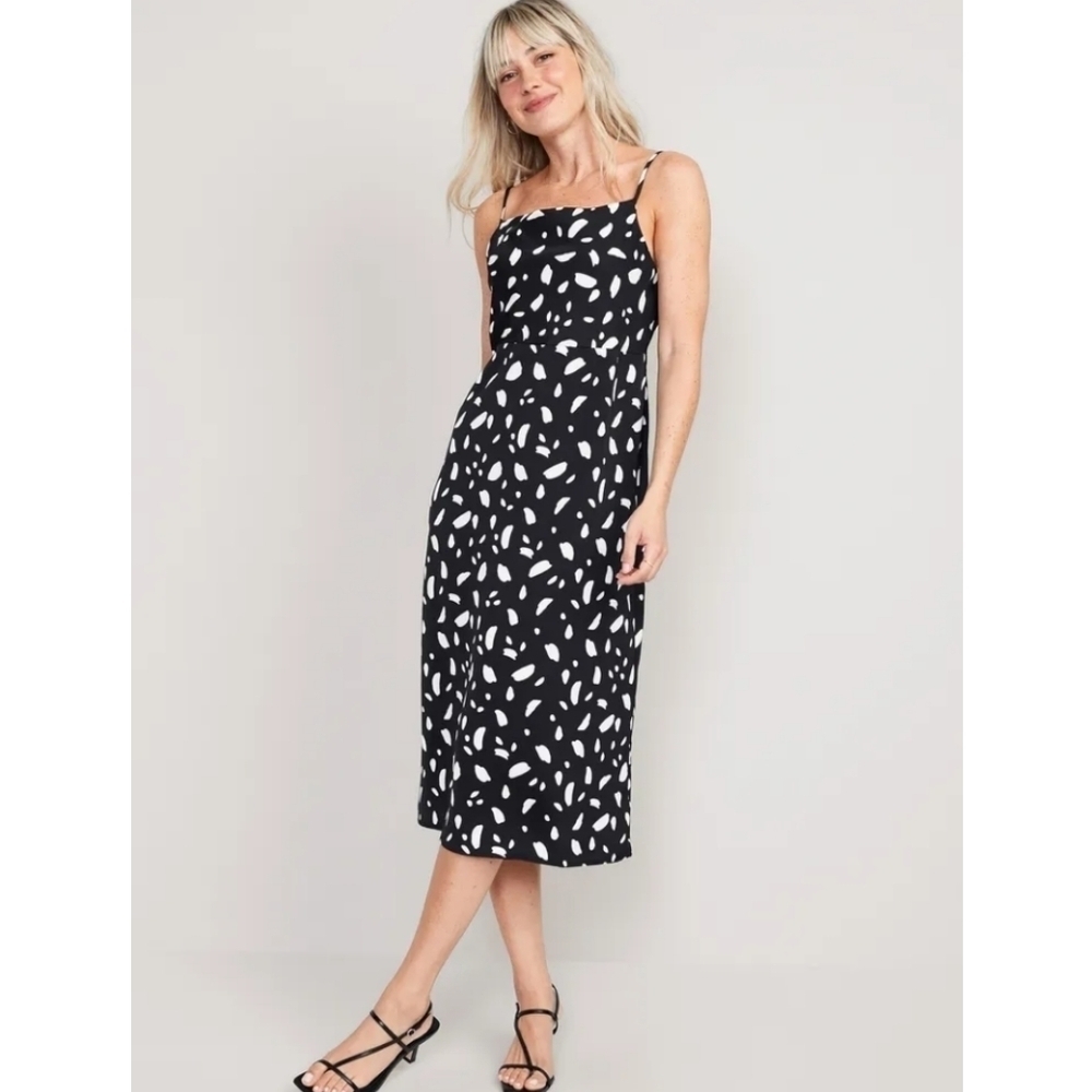 Old Navy Cowl-Neck Black and White Printed Satin Midi Slip Dress